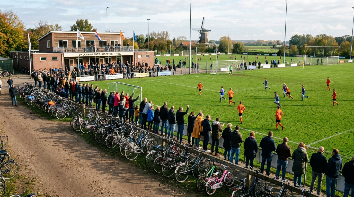 Dutch amateur football club SV Voorwaarts on a Saturday morning with youth pitches and bicycles lined along the clubhouse