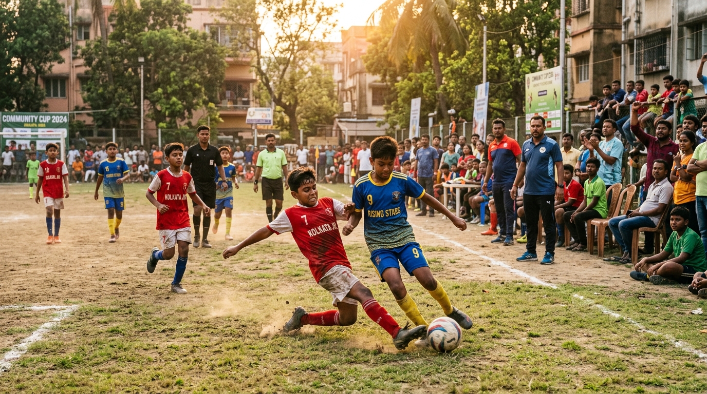 Young boys competing in a passionate community grassroots tournament in an Indian city