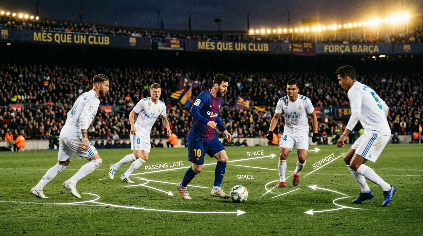 Lionel Messi orchestrating play against Real Madrid defenders, showing tactical space, passing lanes, and support triangles