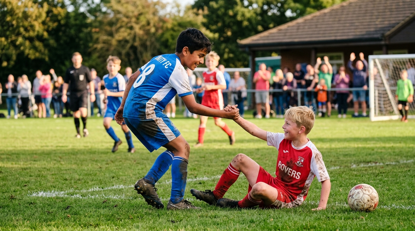 Young grassroots football player extending a hand to help up an opponent after a duel