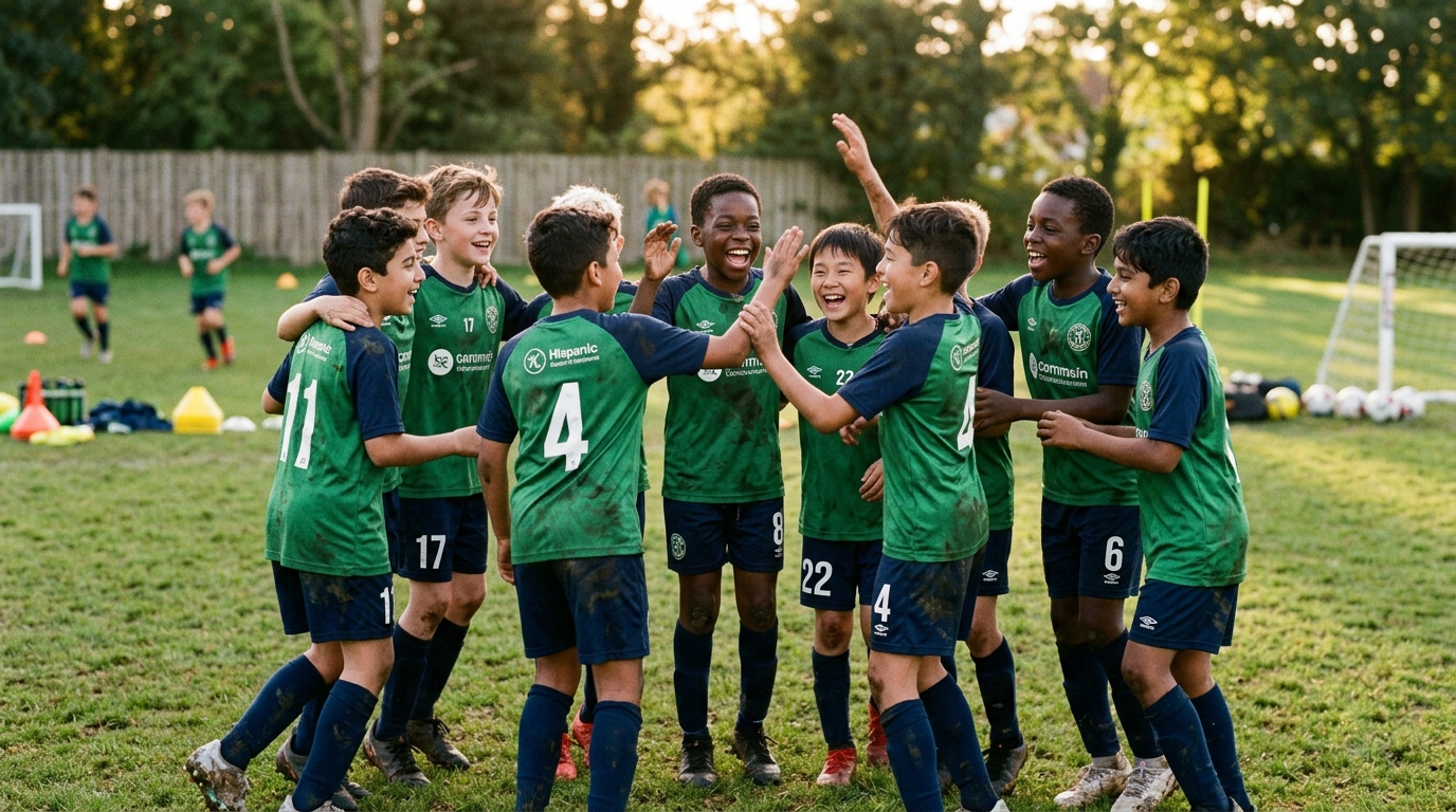 Young youth football teammates celebrating and laughing together in a circle on the training pitch